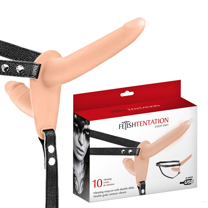 Fetish tentation Vibrating Strap-on With Double Dildo Flesh - wibrujące dildo strap on