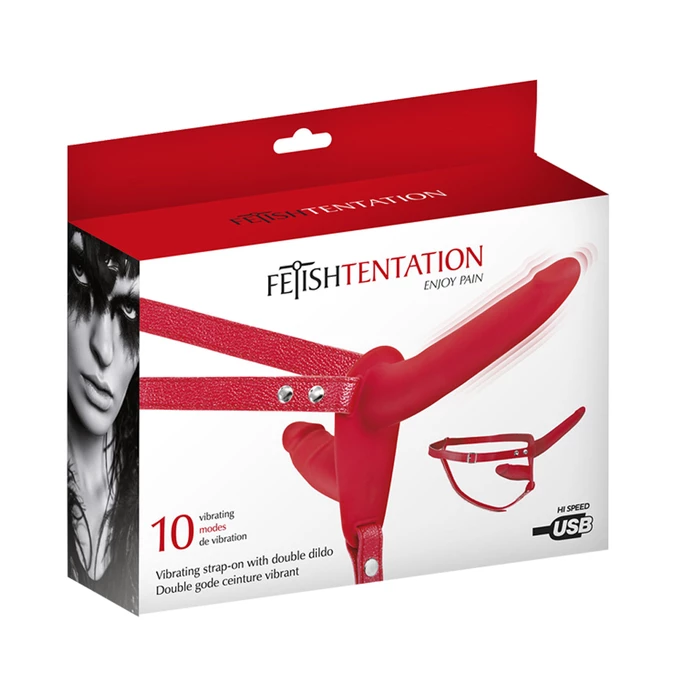 Fetish tentation Vibrating Strap-on with Double Dildo Red - wibrujące dildo strap on