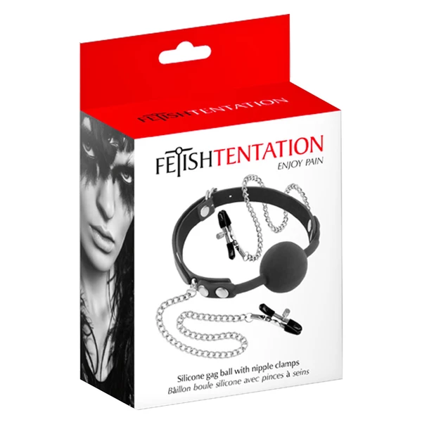 Fetish tentation Silicone Gag Ball With Nipple Clamps - Knebel z zaciskami na sutki