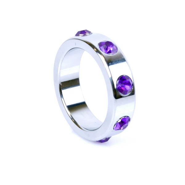 Boss Series Metal Cock Ring With Purple Diamonds Large - metalowy pierścień erekcyjny, zdobiony
