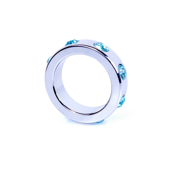 Boss Series Metal Cock Ring With Light Blue Diamonds Medium - metalowy pierścień erekcyjny, zdobiony