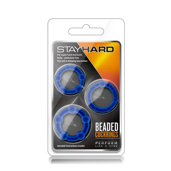 Blush Stay Hard Beaded Cockrings Blue - Zestaw 3 elastycznych pierścieni erekcyjnych