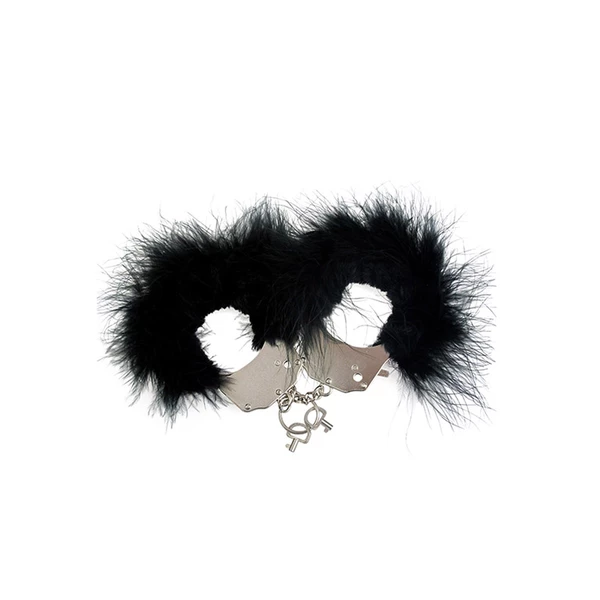 Cnex Metallic Handcuffs,Feather Cov Black - Kajdanki z futerkiem, czarne