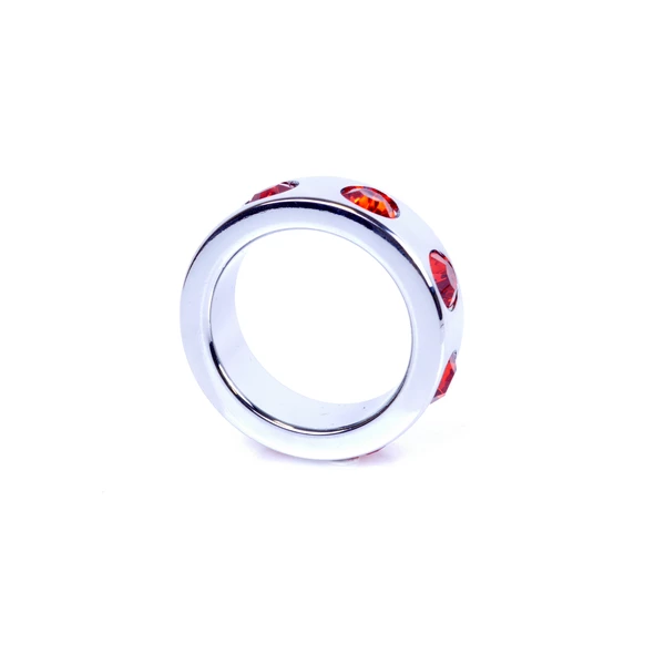 Boss Series Metal Cock Ring With Red Diamonds Small - metalowy pierścień erekcyjny, zdobiony
