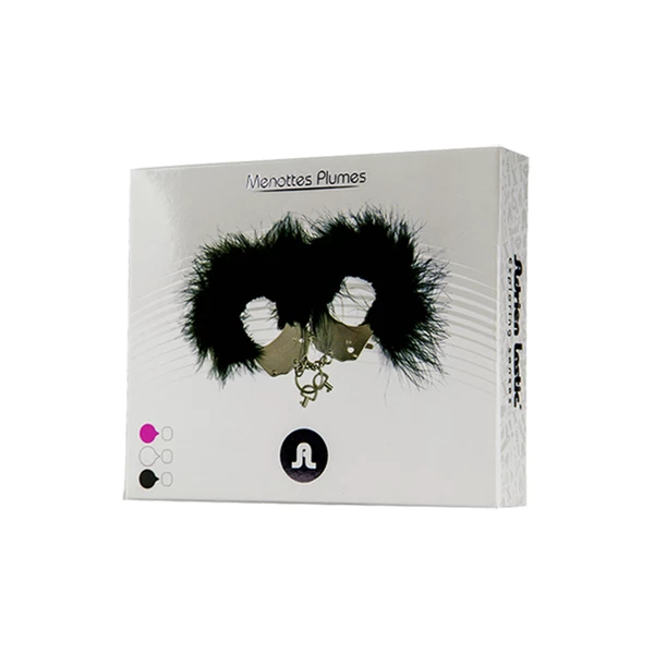 Cnex Metallic Handcuffs,Feather Cov Black - Kajdanki z futerkiem, czarne