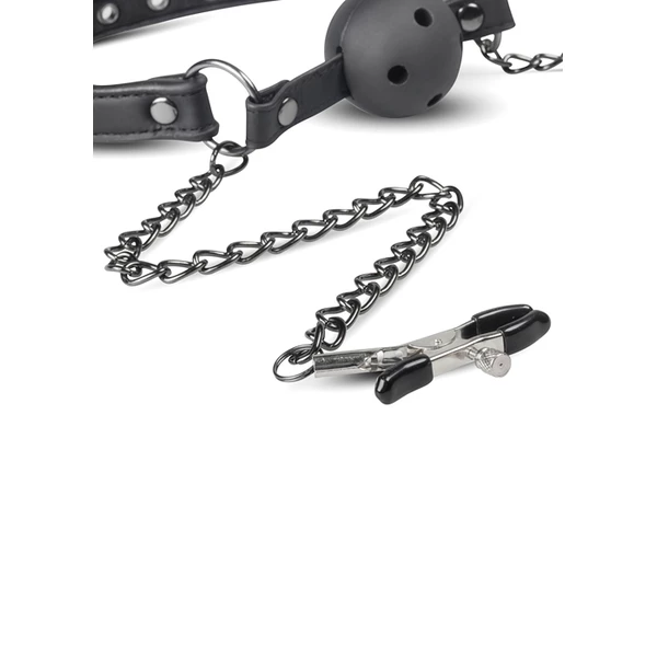 Easy Toys Open Ball Gag With Nipple Clamps - Knebel z kulką i łańcuszkami do sutków