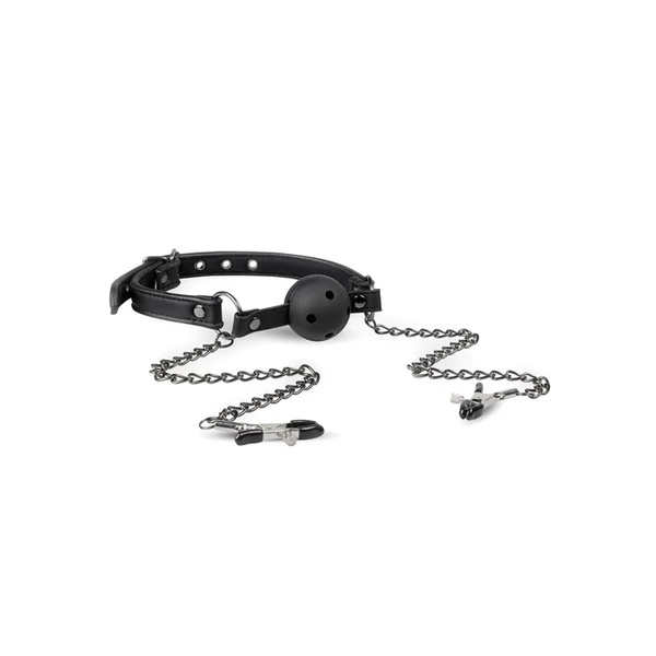 Easy Toys Open Ball Gag With Nipple Clamps - Knebel z kulką i łańcuszkami do sutków