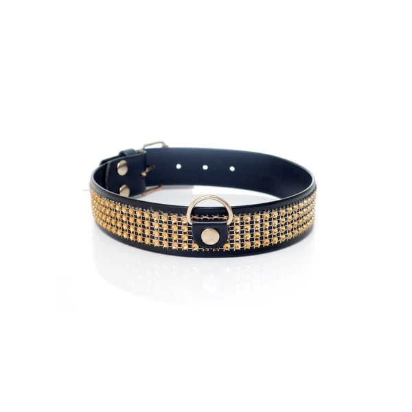 Fetish Fantasy Collar With Crystals 3 Cm Gold - Obroża na szyję złoto-czarna