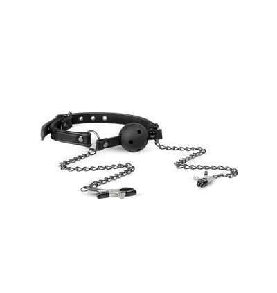 Easy Toys Open Ball Gag With Nipple Clamps - Knebel z kulką i łańcuszkami do sutków