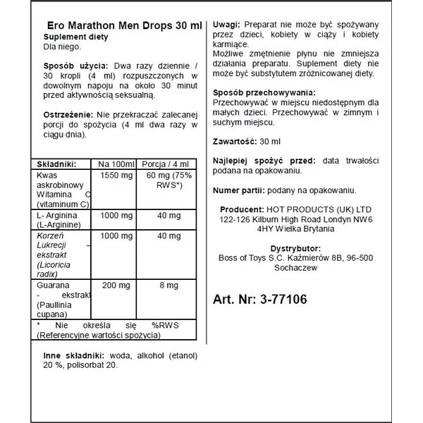 HOT Ero Marathon Men Drops 30 Ml - Krople na erekcję