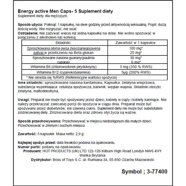 HOT Men Energy 5 Caps - Kapsułki witalizujące dla mężczyzn