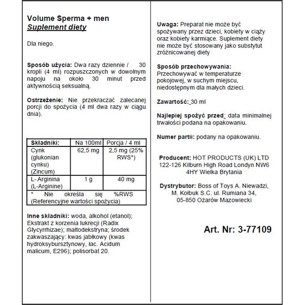 HOT Volume Sperma + 30Ml - Środek zwiększający objętość nasienia