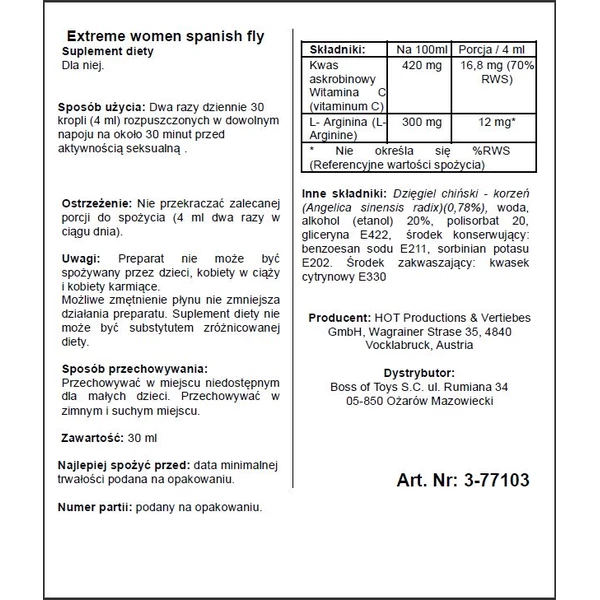 HOT Spain Fly Extreme Women- 30Ml - środek zwiększający libido