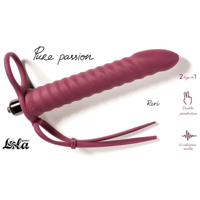 Lola Games Strap On Pure Passion Rori Wine Red - Pierścień na penisa z wibratorem analnym, czerwony