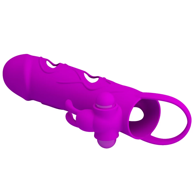 Pretty Love Penis Sleeve With Ball Strap Purple - Wibrująca nakładka na penisa