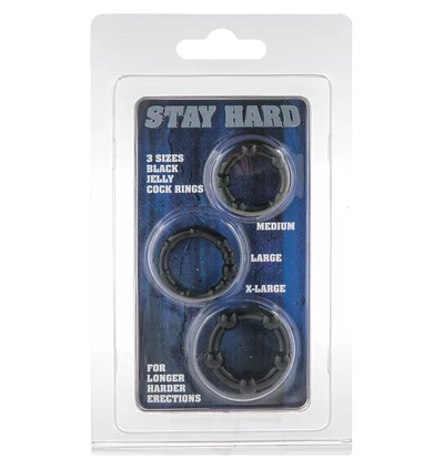 Stay Hard Three Rings - Black - Zestaw elastycznych pierścieni erekcyjnych, czarne