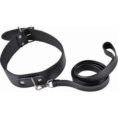 Power Escorts Kinky Collar Black Collar With Leash Adjustable - Obroża ze smyczą