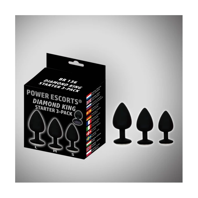 Power Escorts Diamond King 3 Pack Black With Black Stone Starter 3 Pack - Zestaw korków analnych