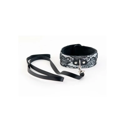 Toyfa Collar Tracery Silver With Black Leash - Obroża ze smyczą