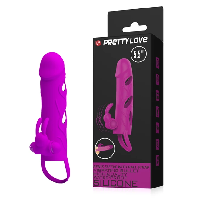 Pretty Love Penis Sleeve With Ball Strap Purple - Wibrująca nakładka na penisa