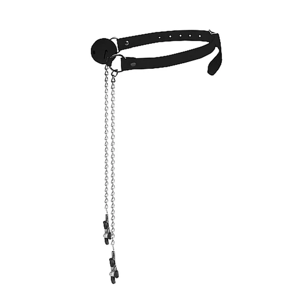 Ouch! Ball Gag With Nipple Clamps Black - Knebel z klipsami na sutki
