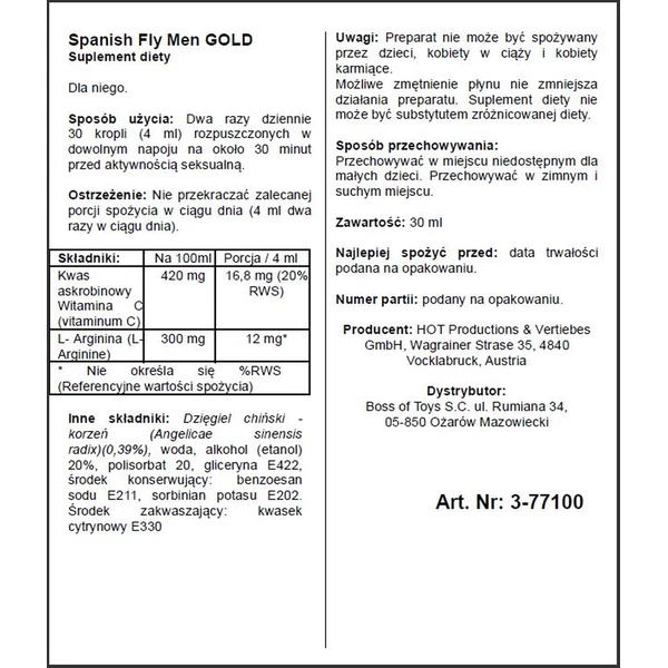 Hot Spain Fly Men Gold Strong 30Ml - Krople wzmacniające dla mężczyzn