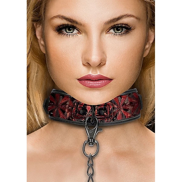 Ouch! Luxury Collar With Leash Burgundy - Obroża ze smyczą