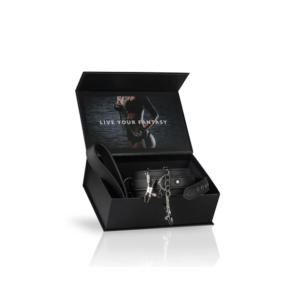 Easy Toys Leather Collar With Nipple Chains - Obroża z zaciskami na sutki