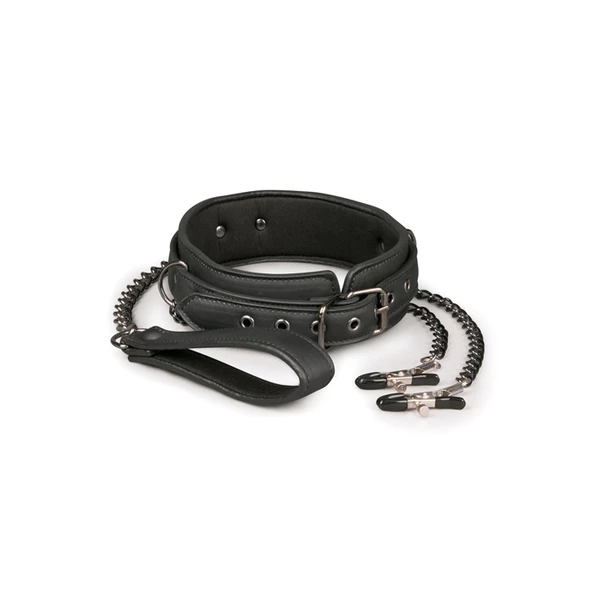 Easy Toys Leather Collar With Nipple Chains - Obroża z zaciskami na sutki