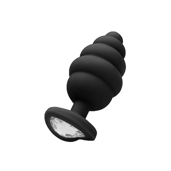 Ouch! Ribbed Diamond Heart Plug Black Regular - Korek analny z diamentem Czarny