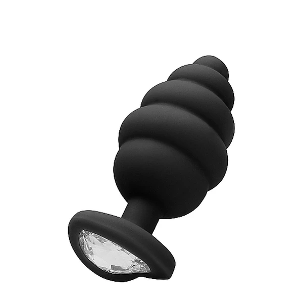 Ouch! Ribbed Diamond Heart Plug Black Large - Korek analny z diamentem Czarny