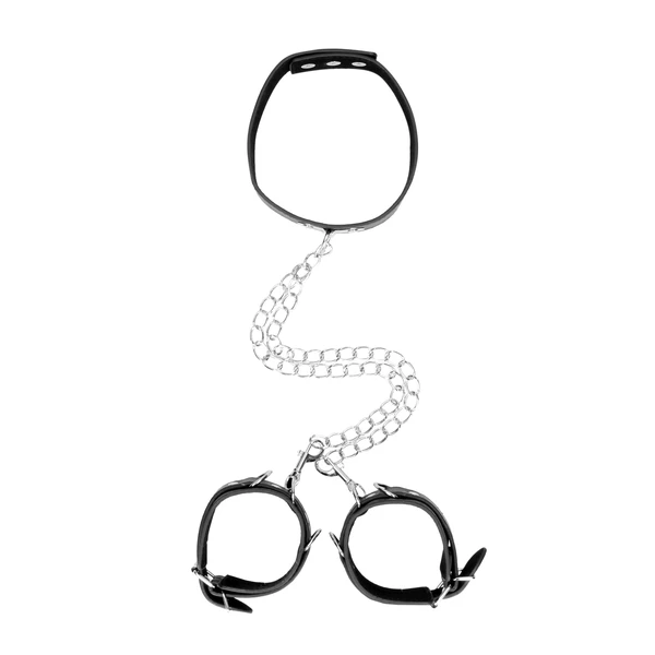 Ouch! bonded leather collar with hand cuffs - Kajdanki z obrożą