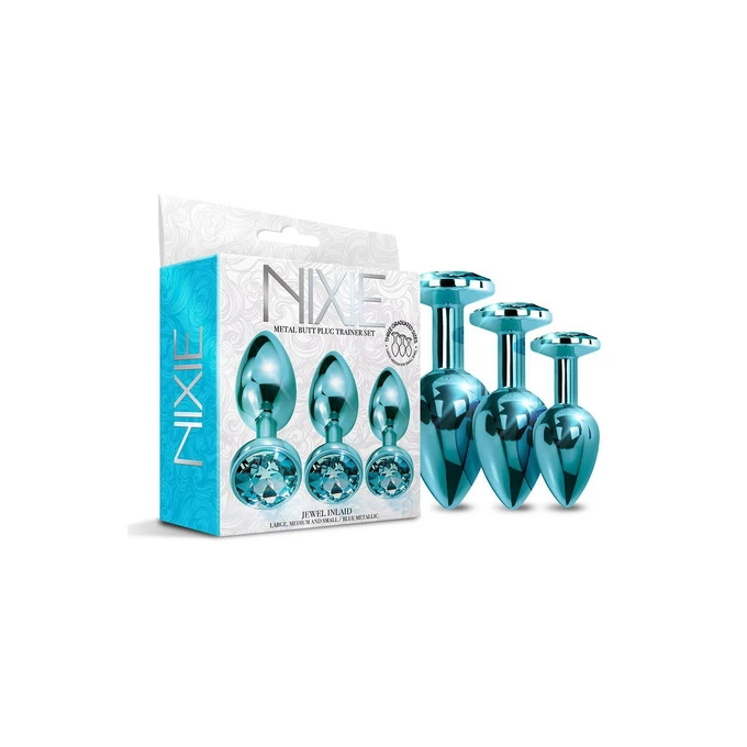 Nixie  Trainerâ Set, Blue Metallic - Zestaw korków analnych z kryształem, Niebieski