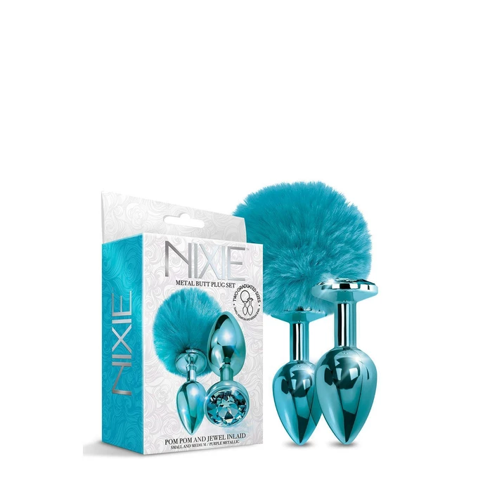 Nixie Set Pom Pom And Jewel Inlaid Blue Metallic - Zestaw korków analnych, Niebieski