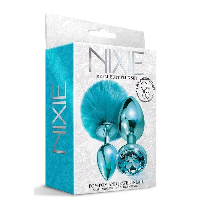 Nixie Set Pom Pom And Jewel Inlaid Blue Metallic - Zestaw korków analnych, Niebieski