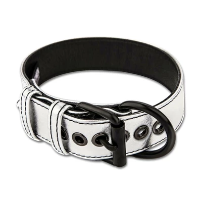 Lovetoy Bondage Fetish Metallic Pup Collar With Leash silver - Obroża ze smyczą, Srebrny