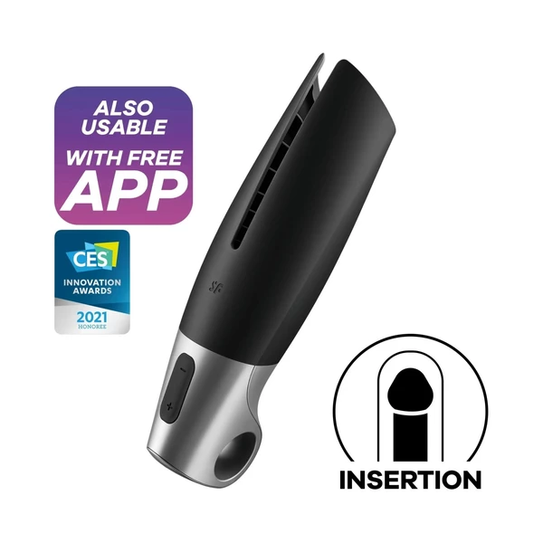 Satisfyer Power Masturbator Black Silver - Masturbator wibrujący sterowany aplikacją mobilną
