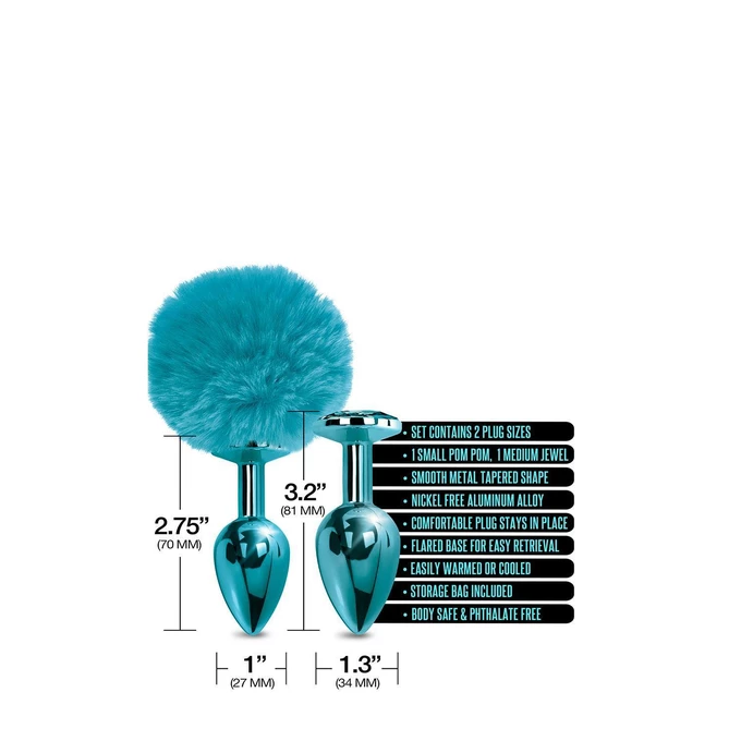 Nixie Set Pom Pom And Jewel Inlaid Blue Metallic - Zestaw korków analnych, Niebieski