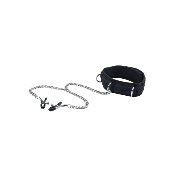 Ouch! Velcro Collar With Nipple Clamps With Adjustable Straps - Obroża z łańcuszkiem na sutki