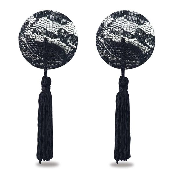 Lovetoy Reusable Black Lace Round Tassel Nipple Pasties - Nasutniki