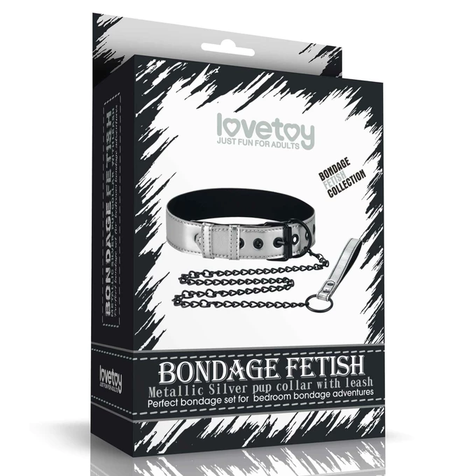 Lovetoy Bondage Fetish Metallic Pup Collar With Leash silver - Obroża ze smyczą, Srebrny