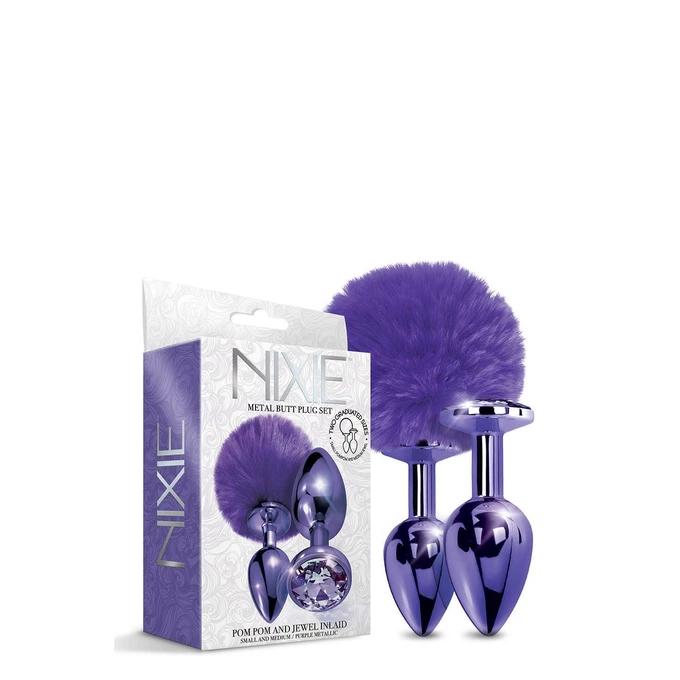 Nixie Set Pom Pom And Jewel Inlaid Purple Metallic - Zestaw korków analnych, Fioletowy