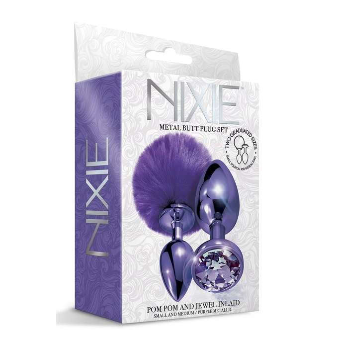 Nixie Set Pom Pom And Jewel Inlaid Purple Metallic - Zestaw korków analnych, Fioletowy