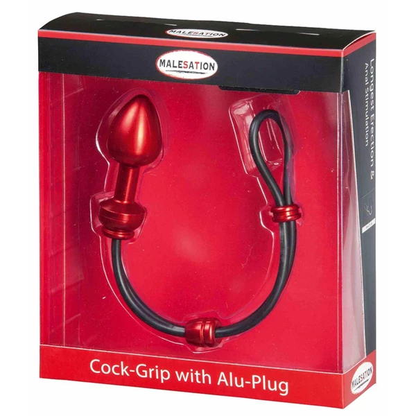 Malesation Cock Grip With Alu Plug Large, Red - Lasso na penisa z korkiem analnym, Czerwony