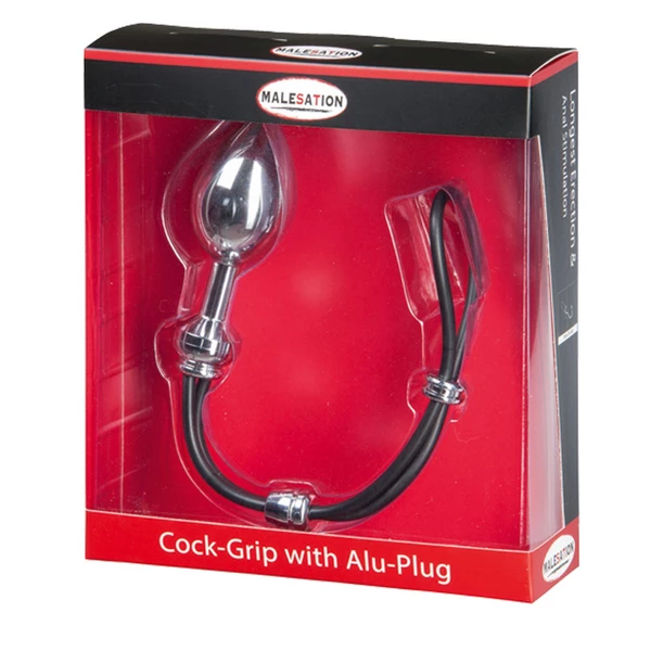 Malesation Cock Grip With Alu Plug Large, Chrome - Lasso na penisa z korkiem analnym, Srebrny