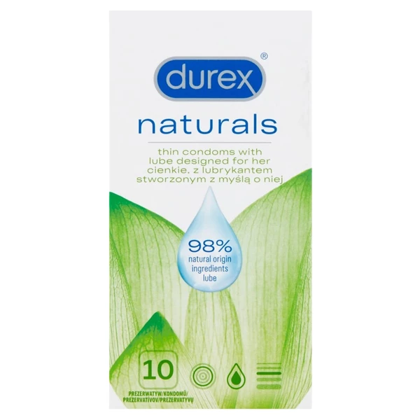 Durex Naturals - Prezerwatywy cienkie, wzbogacone lubrykantem, 10 szt.