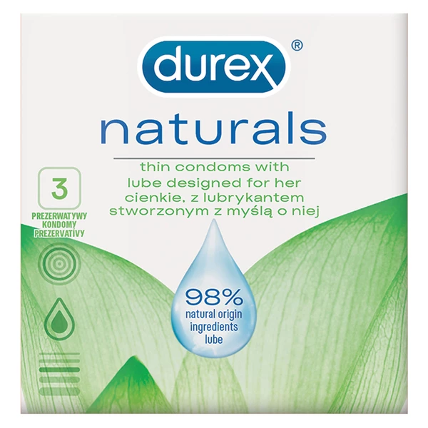 Durex Naturals - Prezerwatywy cienkie, wzbogacone lubrykantem, 3 szt.