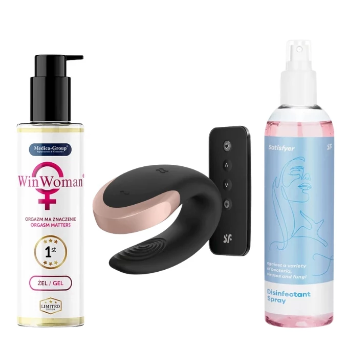 Zestaw Satisfyer Double Love (Black) - Wibrator dla par + żel + spray dezynfekujący