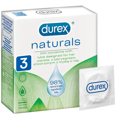 Durex Naturals - Prezerwatywy cienkie, wzbogacone lubrykantem, 3 szt.