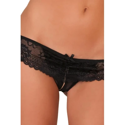 Rene Rofe Crochless Lace BoyShort - Koronkowe majtki z otwartym krokiem, czarne